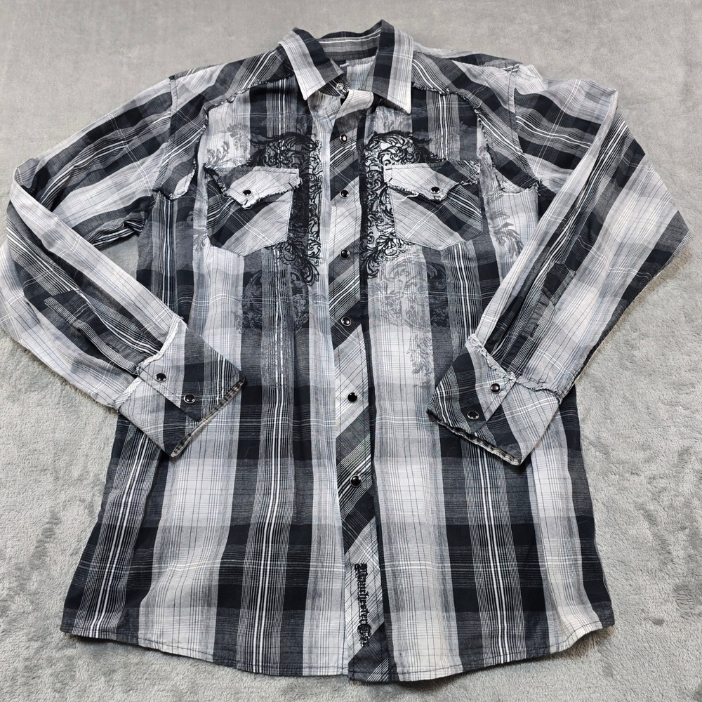 Manchester Esc Shirt Mens L Black Plaid Gothic Embroidery Snap Button Grunge Y2K